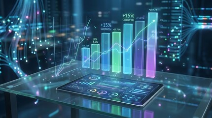 Vibrant bar graph and data analytics on a digital tablet, representing business growth and innovation