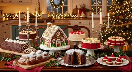 A festive Christmas dessert table filled with cakes, pastries, a gingerbread house, and holiday treats, beautifully arranged with seasonal decorations and warm holiday lights.