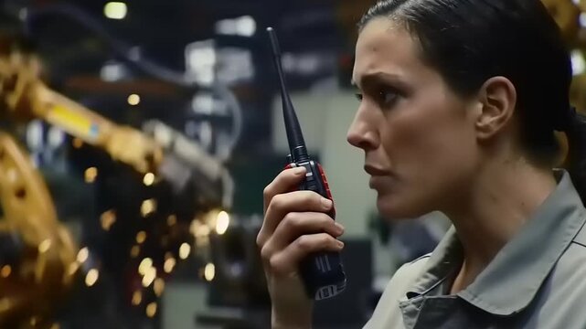 Woman engineer using radio in factory.