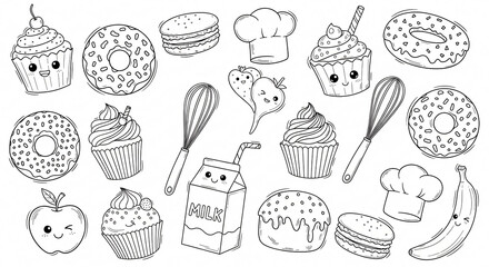 Sweet hand drawn bakery and dessert illustrations. Playful doodles of cupcakes, donuts, macarons, milk cartons, whisks, chef hats and smiling fruits. Whimsical and tasty line art style
