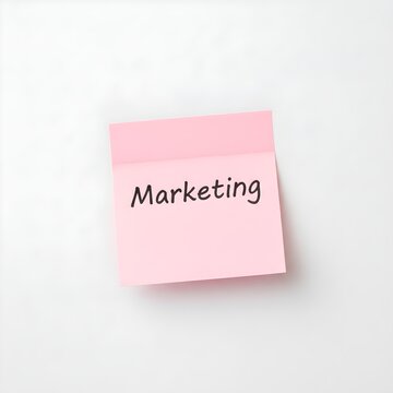 Post-it rosado con la palabra &lsquo;Marketing&rsquo;, letra manuscrita, composici&oacute;n minimalista sobre fondo blanco