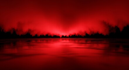 Dramatic red horizon with mysterious dark forest reflection