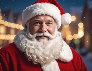 Close-up portrait of Santa Claus smiling warmly in a festive winter setting.