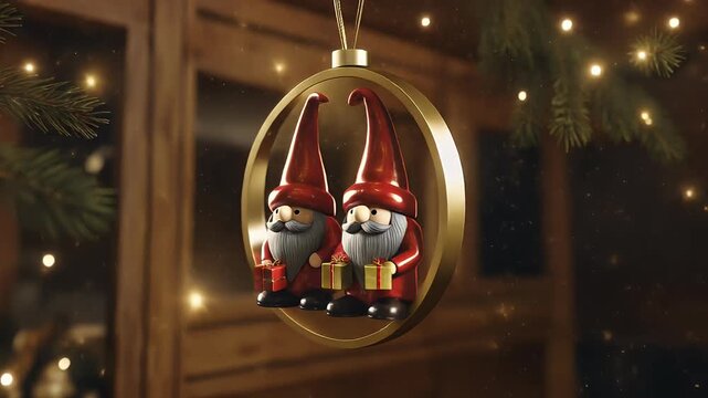 Two cute christmas gnomes sitting in gold ring ornament hanging against warm wooden background, scandinavian holiday decoration, 3d animation, cozy winter home interior.