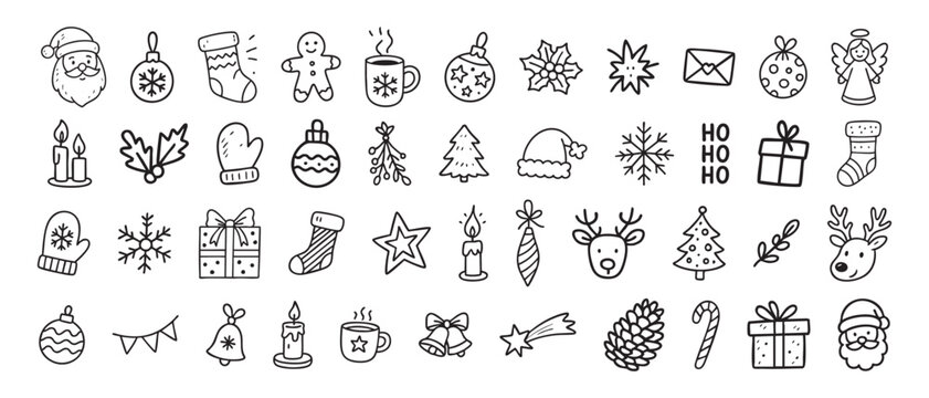 Black doodle collection of christmas icons including santa, gingerbread, and stockings, isolated on white background. concept of holiday, winter, festive, decoration, celebration, SET