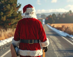 Santa Claus walking down a road with a skateboard in winter.