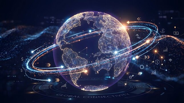Global network connectivity and digital data flow around a glowing earth in a futuristic technological landscape
