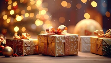 Festive golden Christmas gifts are displayed with sparkling bokeh lights in the background.