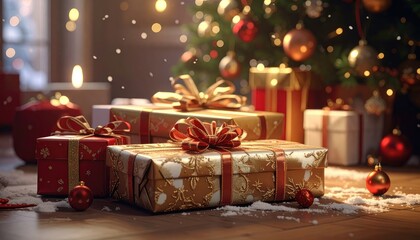 Festive Christmas presents are artfully arranged beneath a sparkling, illuminated tree, evoking a sense of holiday cheer and anticipation.