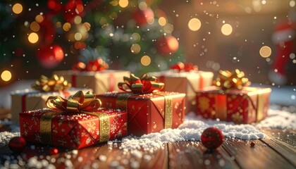 Festive Christmas gifts are artfully arranged with soft lighting and falling snow.