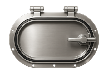 Oval escape hatch featuring stainless steel hinges and a secure locking handle.