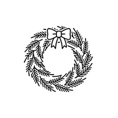 Simple black and white illustration of a festive Christmas wreath with a decorative bow.