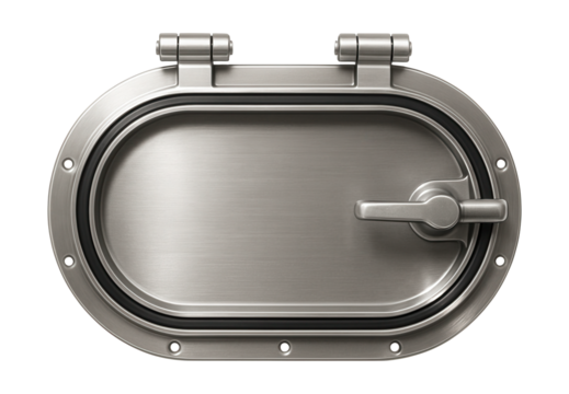 Oval escape hatch featuring stainless steel hinges and a secure locking handle.