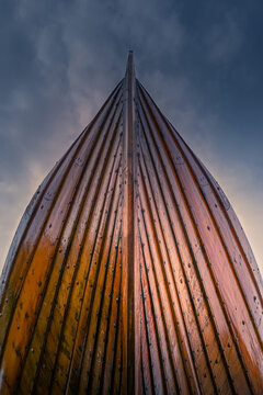Low Angle View of Wooden Viking Longship Prow Stem against Sky
