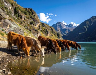 Cows drinking water from a serene mountain lake with majestic peaks in the background.
