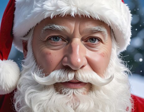 Close-up Portrait of Santa Claus with Blue Eyes and White Beard - Powered by Adobe