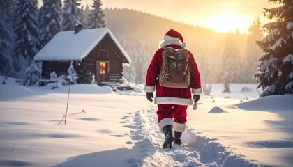 Santa Claus walks through a snowy forest towards a cozy cabin.
