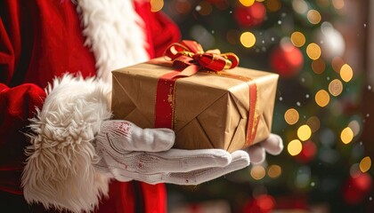 Santa Claus holding a beautifully wrapped gift with a red bow.
