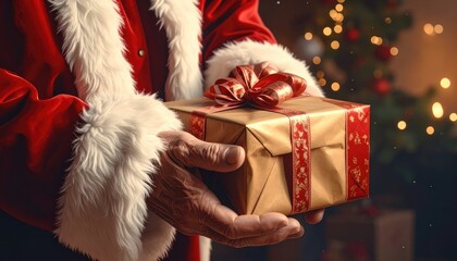Santa Claus offering a beautifully wrapped gift to the viewer.