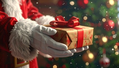 Santa Claus presents a gift wrapped in festive paper with a red bow.