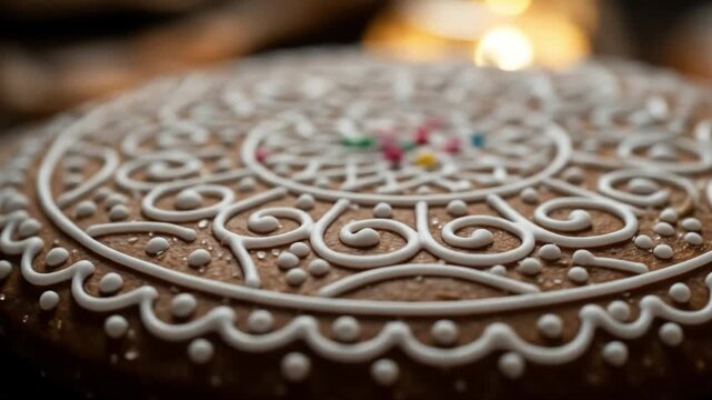 An ornate gingerbread cookie with intricate white icing details and small sprinkles