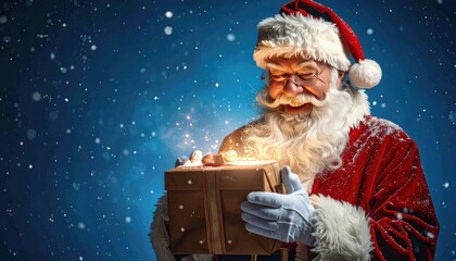 Santa Claus opens a magical glowing gift on a snowy night.