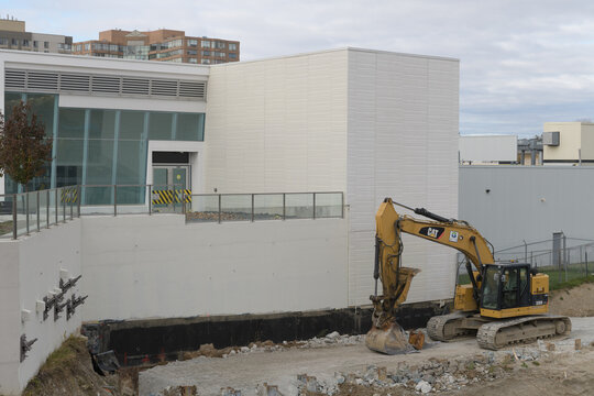 heavy machinery Go Transit and exterior of Caledonia LRT Station, Eglinton Crosstown, public transit, located at 2400 Eglinton Av near Westside Mall, Toronto