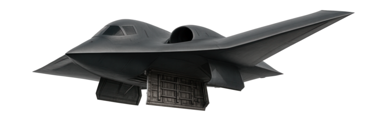 Dual-engine bomber with stealthy design and spacious bomb bay doors.