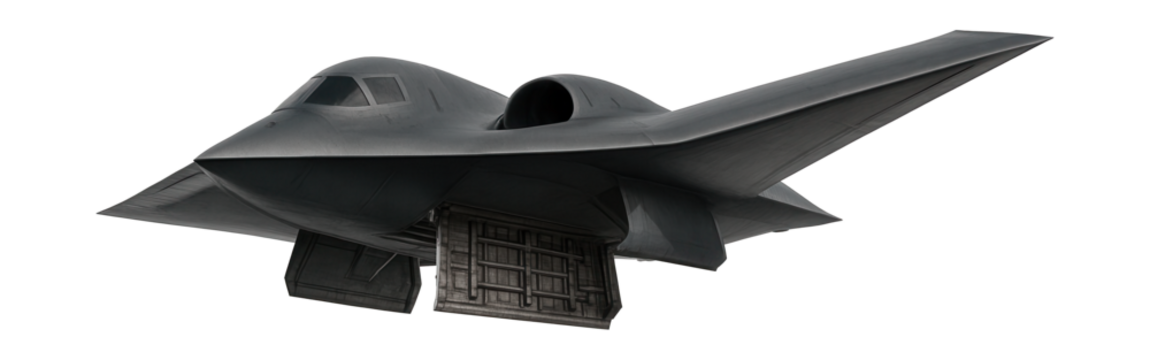 Dual-engine bomber with stealthy design and spacious bomb bay doors.