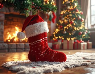 A festive Christmas stocking hangs by a cozy fireplace, with a decorated tree in the background.