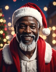 A joyful Black man dressed as Santa Claus smiles warmly.