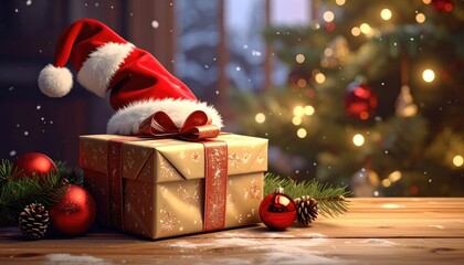A festive Christmas gift is presented with a Santa hat and decorations.