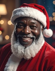 A cheerful Black Santa Claus smiles warmly, ready for the holidays.