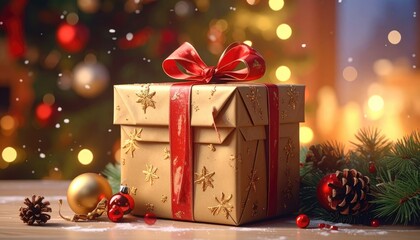 A festive Christmas gift is presented with holiday decorations and a glowing tree in the background.