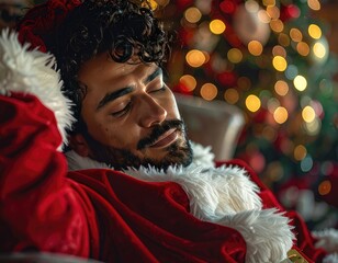 A man dressed as Santa Claus rests his head on his hand with his eyes closed.