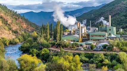 Geothermalpowered copper smelting plant captured in medium shot showcasing innovative use of renewable energy to minimize carbon footprint and promote green manufacturing.