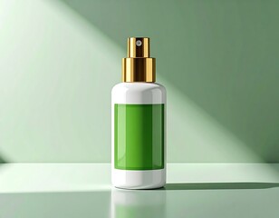 Naklejka premium A white cosmetic spray bottle featuring a vibrant green label and a luxurious gold cap, set against a serene green background with stylish shadows from a window