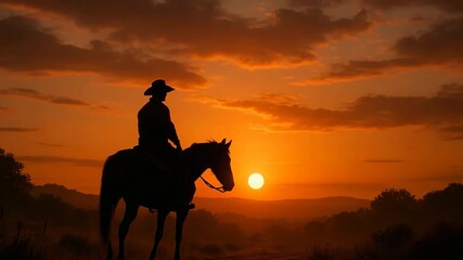 Cowboy silhouette riding a horse against a golden sunset sky, classic western scene with dramatic orange and yellow clouds, distant hills and rugged landscape in the background, tranquil evening atmos - Powered by Adobe