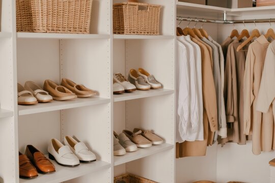 Neatly organized closet with shoes and hanging clothes