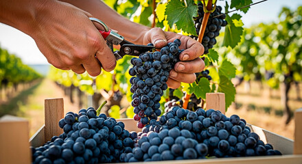 Harvesting ripe grapes in vineyard for the concept of grape agriculture.