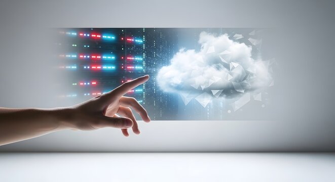 Hand Touching Cloud Computing Interface with Data Stream, Symbolizing Modern Technology