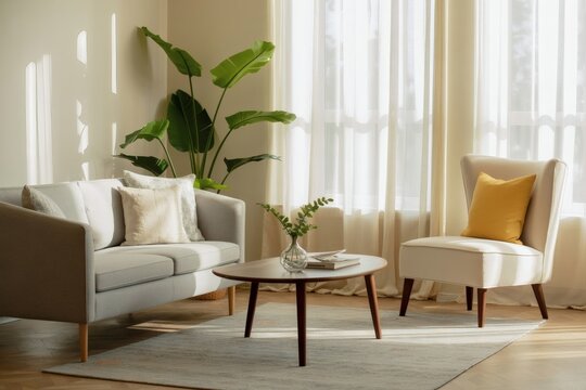 Sunlit living room with modern furniture and plants