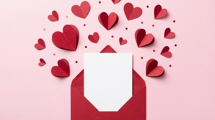 Saint Valentine day holiday background with envelope, paper card and various red hearts for love romantic message. Flat lay composition..