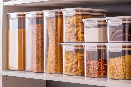 Neatly organized pantry with clear storage containers filled with dry goods