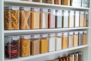 Neatly organized pantry with clear airtight food storage containers