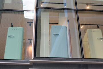 Fototapeta premium windows with appliances at Smeg, a home goods store, located at Two Bloor West, Toronto