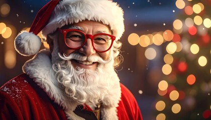 A cheerful Santa Claus with red glasses smiles warmly against a bokeh background of Christmas lights.