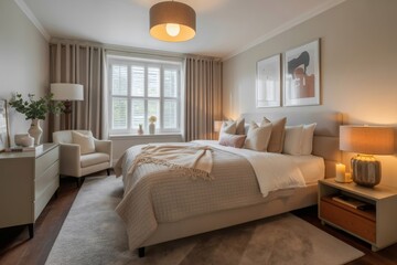 Fototapeta premium Cozy bedroom with elegant furnishings and soft lighting