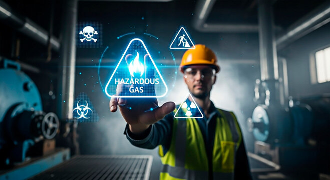 Worker touching hazardous gas sign, for the concept of industrial safety.