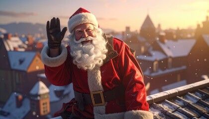 Santa Claus waves from a snowy rooftop at sunset.